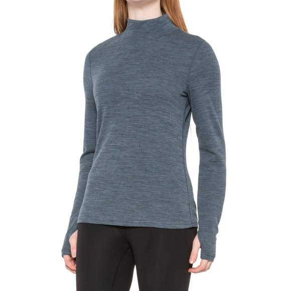 NWT WICKED WOOL blue melange Merino Wool Blend Base Layer Mock Neck Top … - Picture 1 of 6
